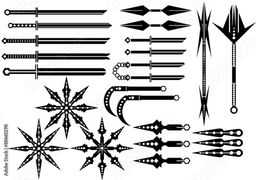 Set silhouettes bladed weapons of ninja