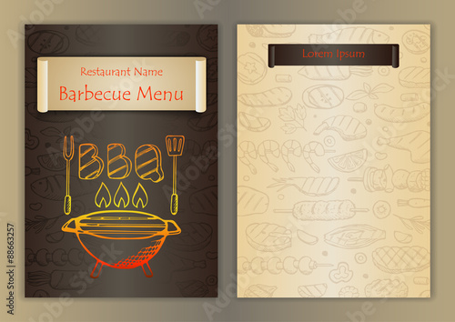 Restaurant menu with barbecue hand drawn doodle elements