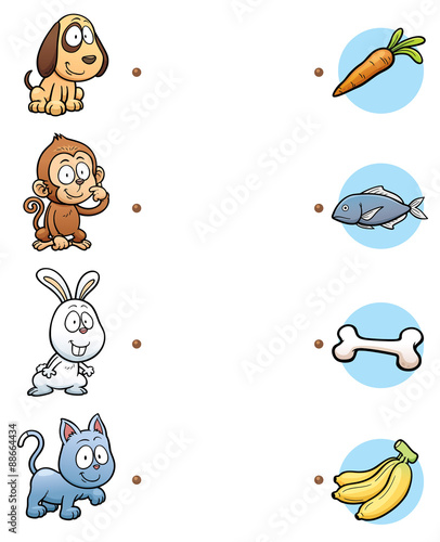 Vector Illustration of make the right choice and connect the dots animal with their food