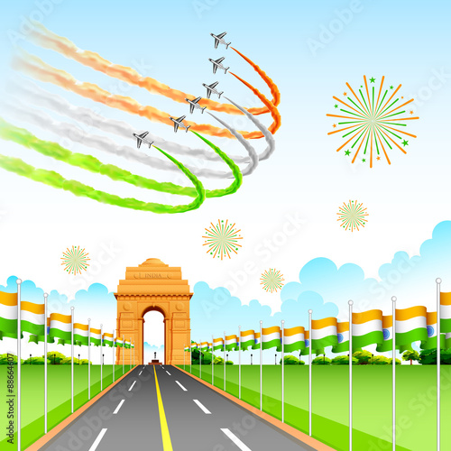 Airplane making Indian tricolor flag around India Gate