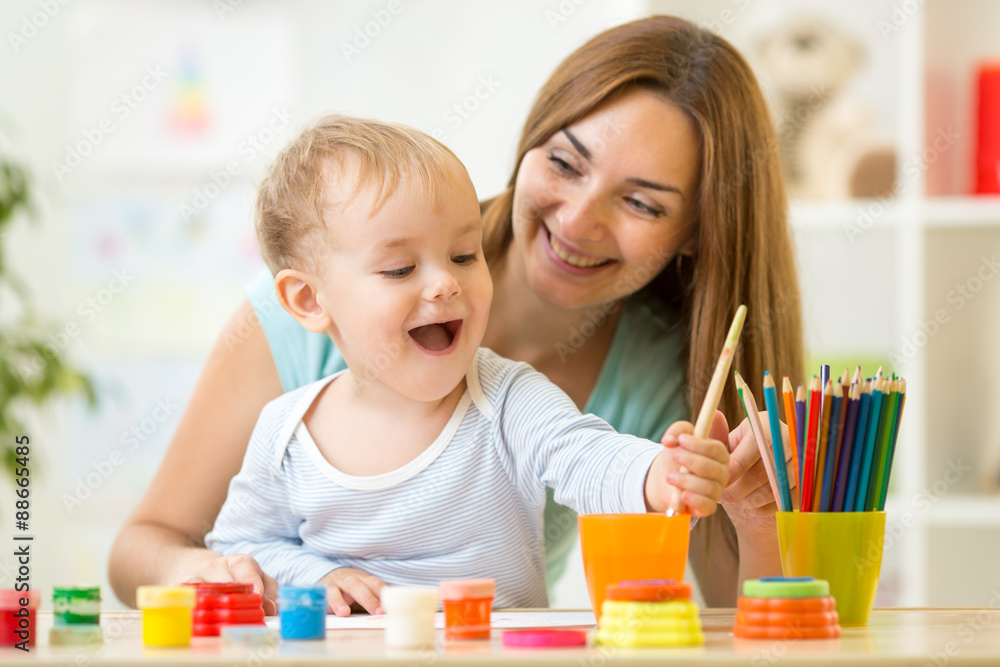 happy family mother and child painting together happy family mother and child painting together