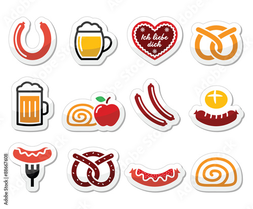 German food - sausage, curry wurst, beer, pretzel, apple strudel
