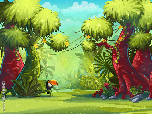 Illustration sunny morning in the jungle with bird toucan