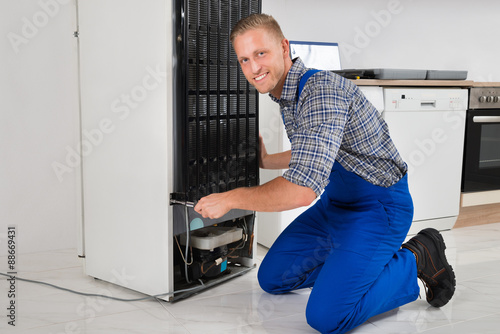 Worker Repairing Refrigerator In House