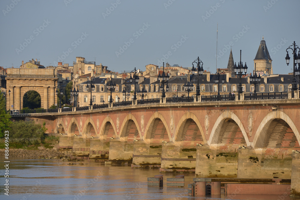 France, Bordeaux, 33, Pierre bridge and Saint Michel church