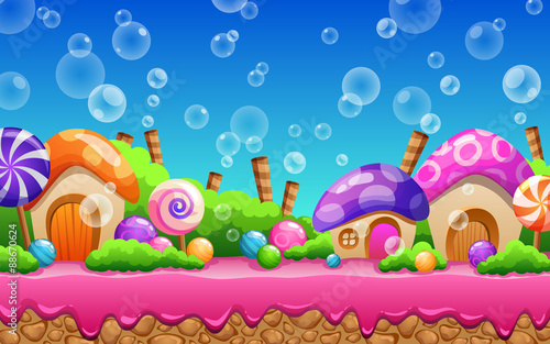 Cartoon fairy tale landscape. Candy land illustration for game design.