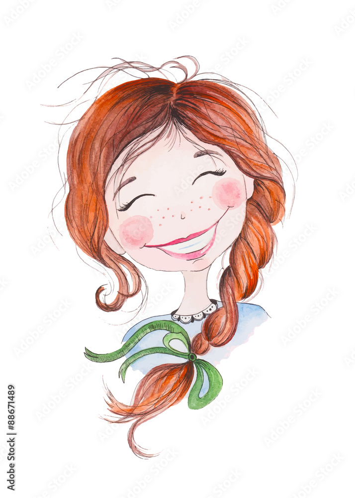 little girl with ginger hair . Watercolor illustration. Hand drawing. Smiling face
