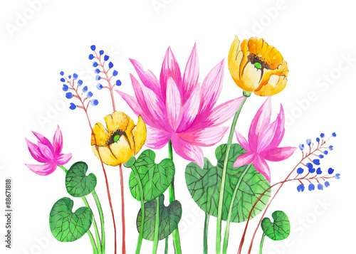 Original art, watercolor painting of pink lotus 