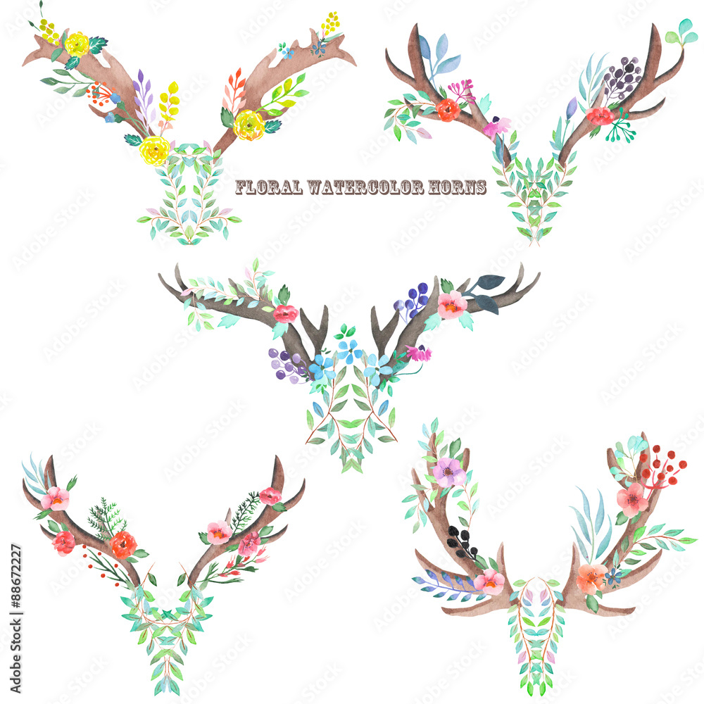 Obraz premium The horns entwined by flowers, leaves and plants painted in watercolor on a white background