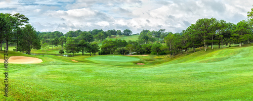 Dalat golf panorama sunny day with pine forests, vast lawns around the hill to create beauty when watching, golfing