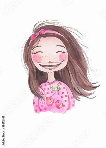 little girl with ribbon . Watercolor illustration. Hand drawing. Smiling face