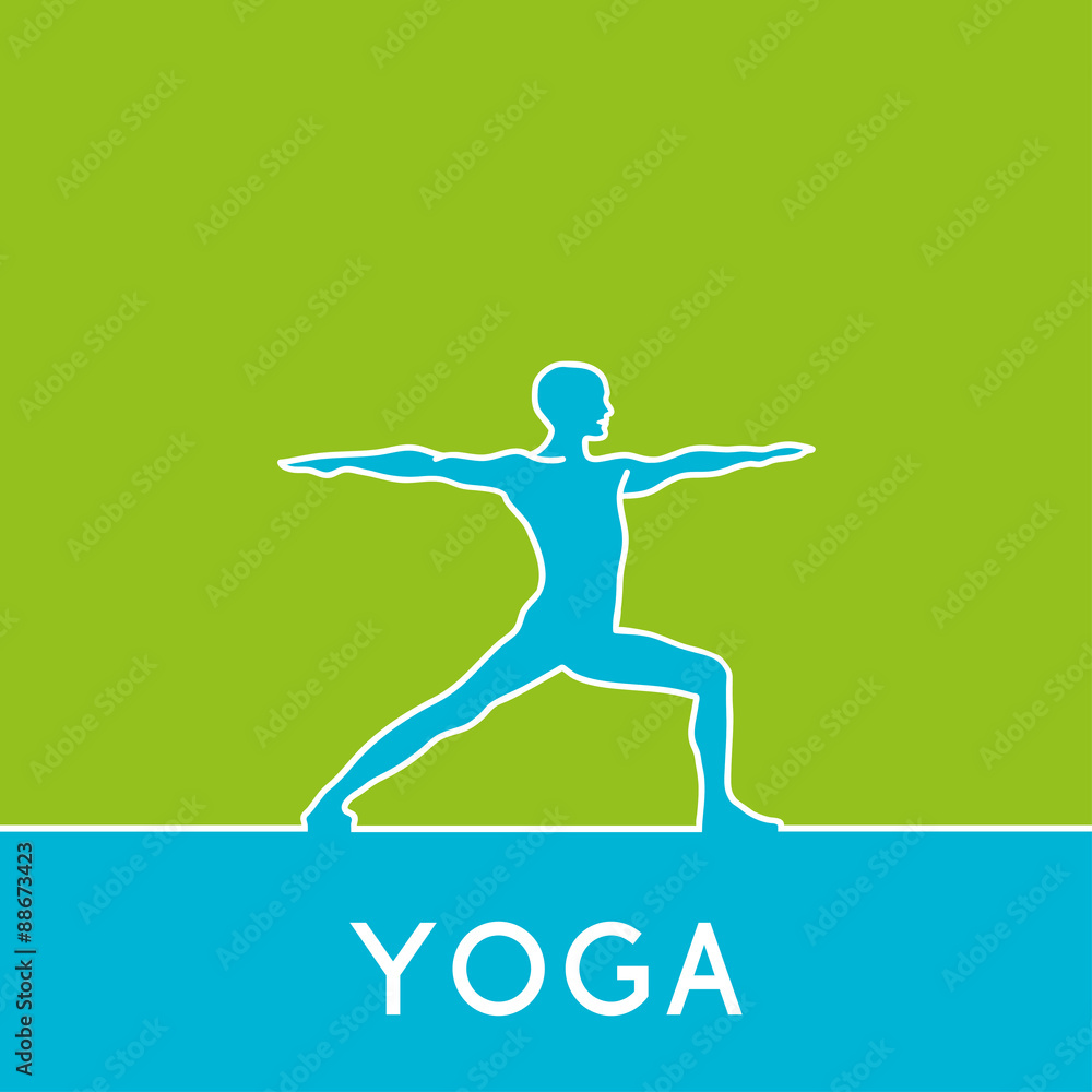 Contour of man in yoga pose on the green background. Vector yoga illustration.Human makes exercises of yoga. Silhouette of man in yoga asana. Yoga poster. Linear, flat yoga illustration.