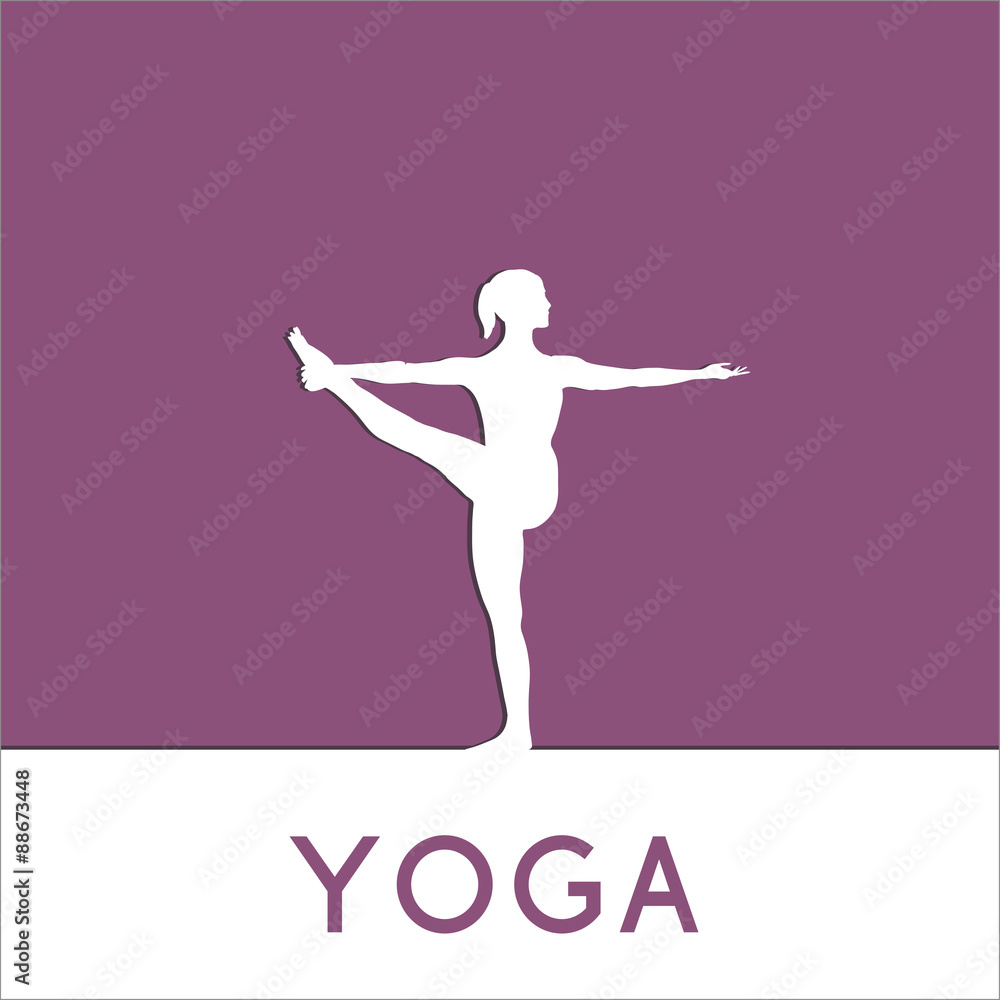 Contour of woman in yoga pose on the colour background. Vector yoga  illustration. Girl makes exercises of yoga. Silhouette of yogi in yoga  asana. Yoga poster. Linear, flat yoga illustration. Stock Vector