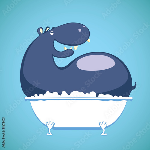 Funny hippo in a bath.Hippo take a bath with soapsuds. Vector cartoon. 
