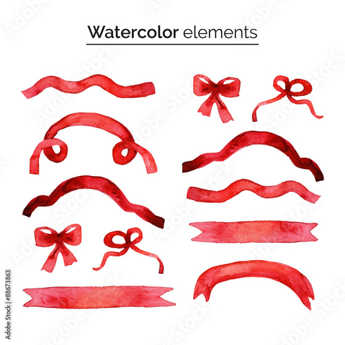 Vector illustration. Watercolor ribbons and bows on a white background. Hand drawn isolated objects for romantic design. Set of  vintage aquarelle ribbons and bow in red color.