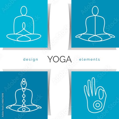 Vector yoga illustration. Set of linear yoga icons, yoga logos in outline style. Design elements for yoga poster. Yoga class, yoga center, yoga studio, spa center. Yoga sticker. Yoga symbols.