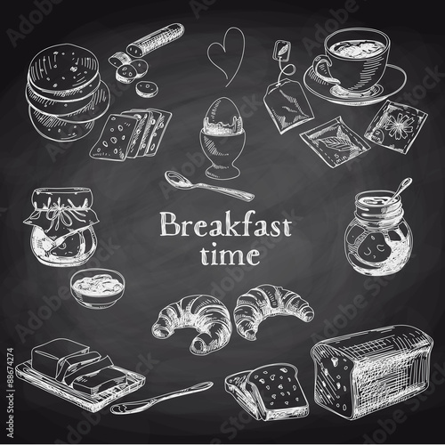 Vector breakfast hand drawn set. Vintage illustration. 
