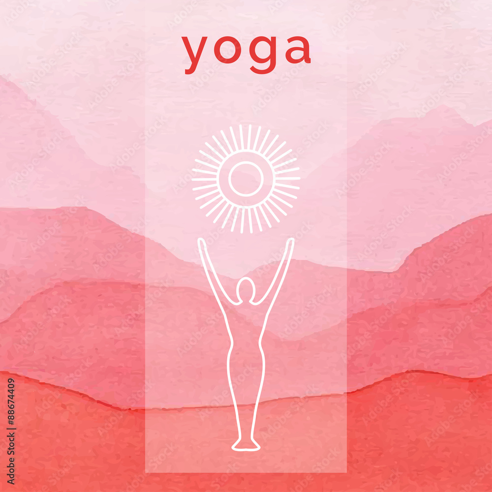 Vector yoga illustration. Poster for yoga class with a nature backdrop. Linear yoga icon, yoga logo in outline style. Yoga elements design. Watercolor background. Yoga studio. Fitness center. Vector yoga illustration. Poster for yoga class with a nature backdrop. Linear yoga icon, yoga logo in outline style. Yoga elements design. Watercolor background. Yoga studio. Fitness center.