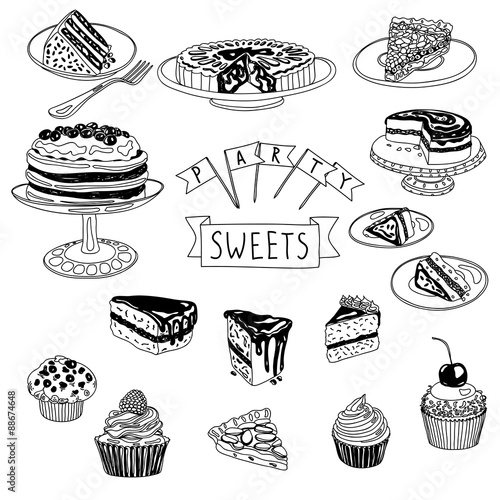 Vector hand drawn set with cakes and sweets.