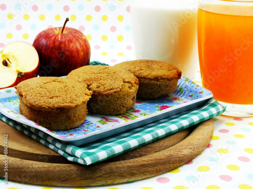 selective focus egg cake coffee flavor and fresh apple cornflake and milk photo