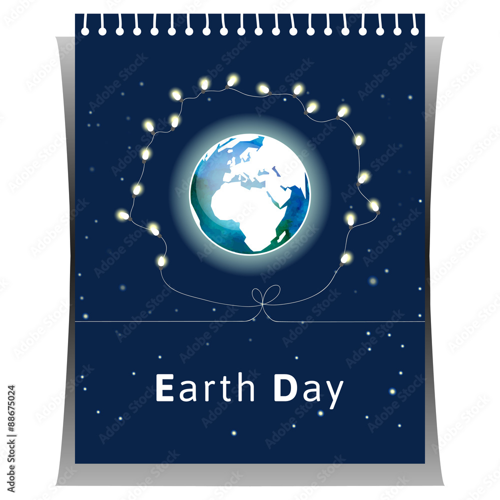 Fototapeta premium Vector illustration. Poster for Earth Day in white and blue colors. The Earth. Tear-off calendar with globe and with light bulbs as concept for Earth Day. Globe with watercolor texture and atmosphere.