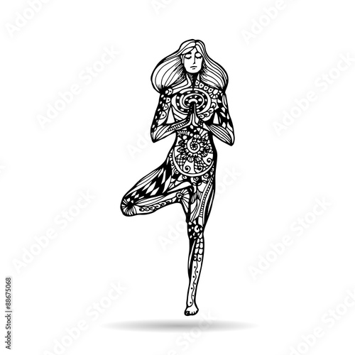 Vector yoga illustration in zentangle style. Girl in yoga pose as emblem for yoga studio, yoga center, fitness center, sport magazine, also for tattoo.  Hand drawn sketch in doodle style. Tree pose.