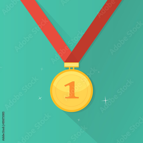 Flat style gold medal with ribbon.