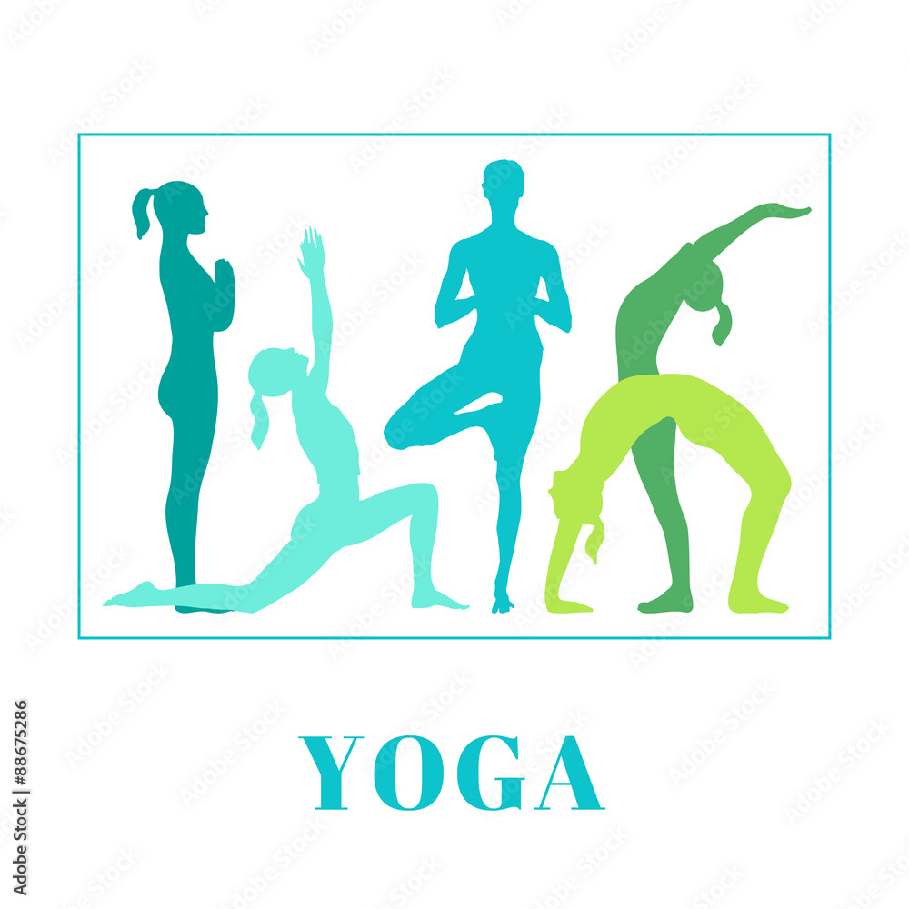 Vector yoga illustration. Yoga poster with silhouettes of women in the yoga poses on a white background. Illustration for yoga class, yoga studio, fitness center, advertising, websites. Vector yoga illustration. Yoga poster with silhouettes of women in the yoga poses on a white background. Illustration for yoga class, yoga studio, fitness center, advertising, websites.