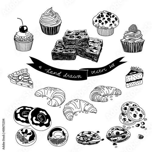 Vector hand drawn set with cakes and sweets.