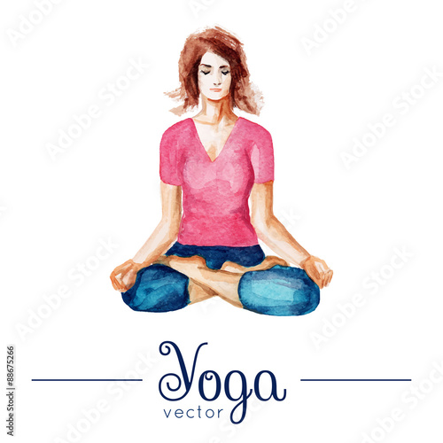 Vector yoga illustration. Girl in yoga pose. Illustration with watercolor texture. Poster for yoga class, yoga studio, fitness center. Illustration for magazines, for t-shirts, advertising, websites.