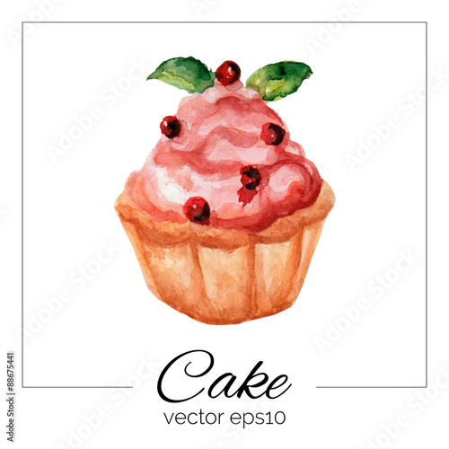 Vector illustration. Hand drawn cake with watercolor texture. Cake with cream, jam, berries. Hand painted sweet cake on white background. 