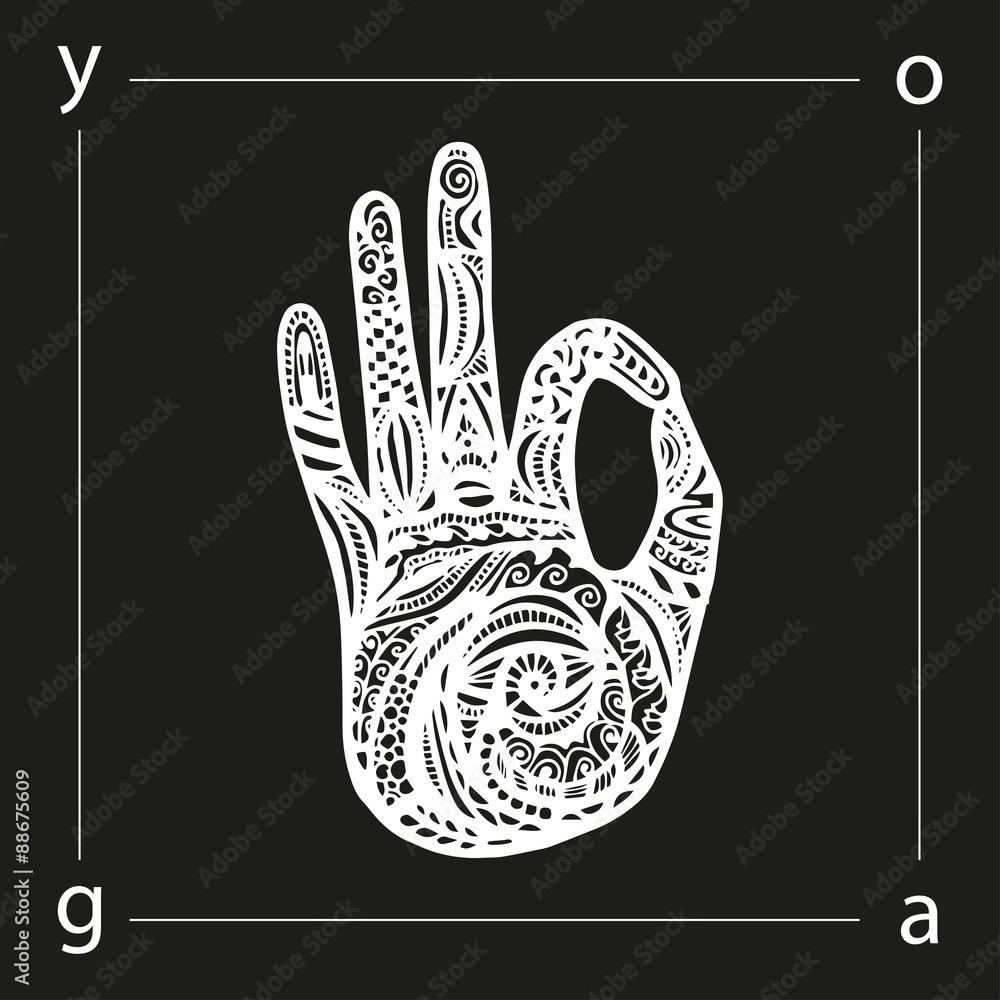 Obraz premium Vector yoga illustration in zentangle style. Hand as emblem for yoga studio, yoga center, fitness center, sport magazine, also for tattoo. Hand drawn sketch in doodle style. Yoga mudra.