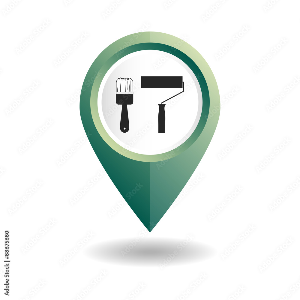 Vector illustration. Green map pointer with tools icons. GPS location symbol. Flat design style. Map pointer with a tools for a repair, brush and roller. Shop of finishing materials. Vector illustration. Green map pointer with tools icons. GPS location symbol. Flat design style. Map pointer with a tools for a repair, brush and roller. Shop of finishing materials.