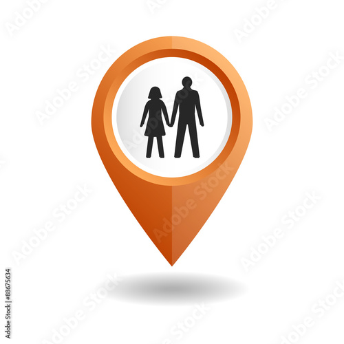 Vector illustration. Orange map pointer with a people icon. GPS location symbol. Flat design style. Man and woman, pair, couple, family.