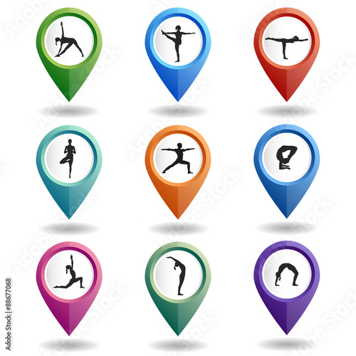 Free Download Vector yoga illustration. Multi-colored map pointers with a people in yoga poses. GPS location symbol. Flat design style. Map pointer for location of yoga center, fitness studio, yoga class. Ayurveda. - GFXLoad