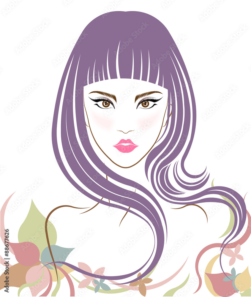 Long hair style icon, logo women face