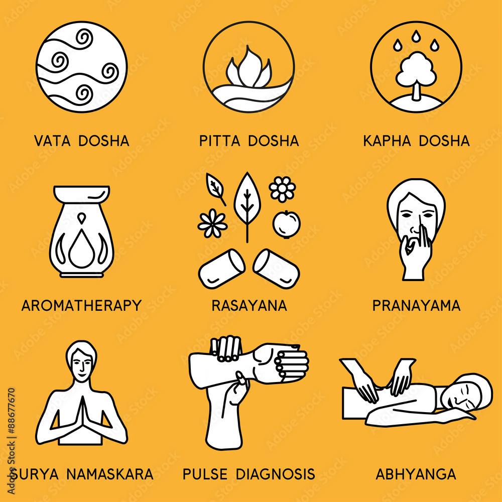 Set linear icons for ayurveda design. Ayurveda vector illustration