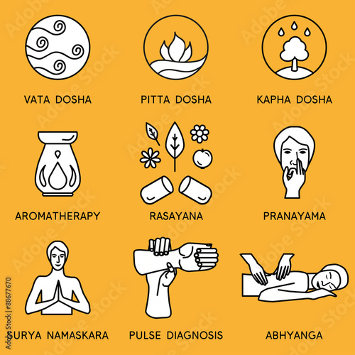 Set linear icons for ayurveda design. Ayurveda vector illustration. Ayurveda logos in outline style. Design elements for ayurveda center, yoga studio, spa center. Ayurveda sticker. Ayurveda symbols.