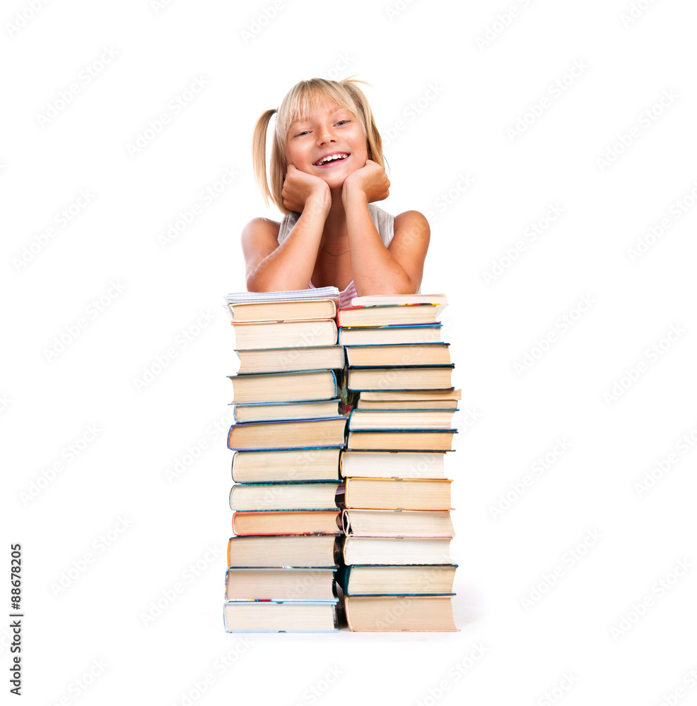Back to school. Happy smiling schoolgirl with stack of books. Education concept Back to school. Happy smiling schoolgirl with stack of books. Education concept