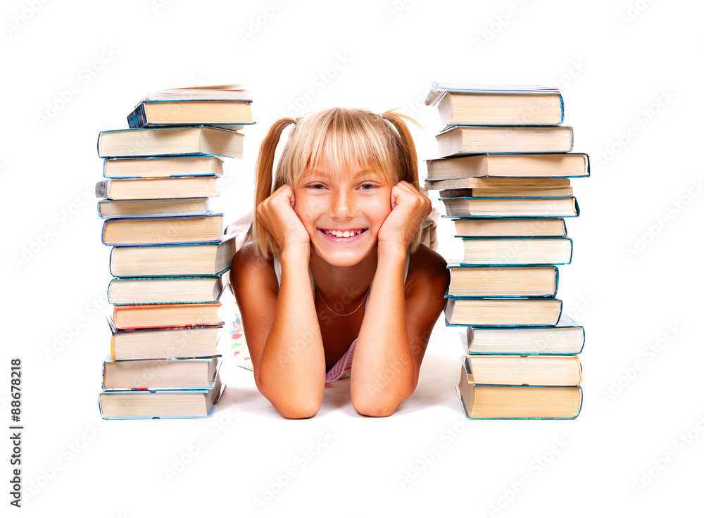 Back to school. Happy smiling schoolgirl with stack of books. Education concept Back to school. Happy smiling schoolgirl with stack of books. Education concept