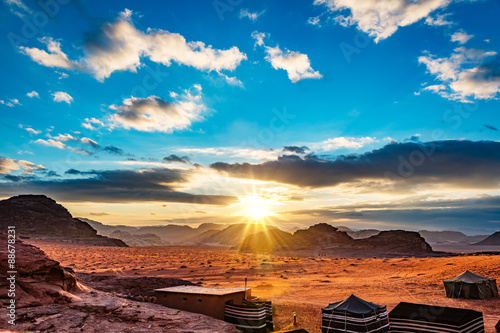 Sunset in Wadi Rum, in southern Jordan 60 km to the east of Aqaba. Wadi Rum has led to its designation as a UNESCO World Heritage Site and is known as The Valley of the Moon.