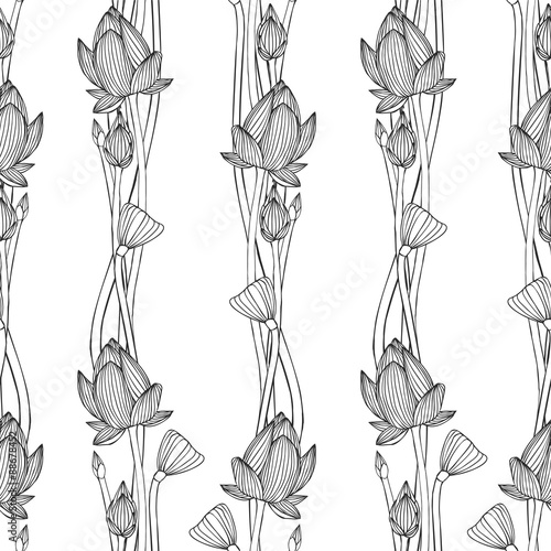 floral vertical stripes. Linear seamless pattern - lotus flower. 