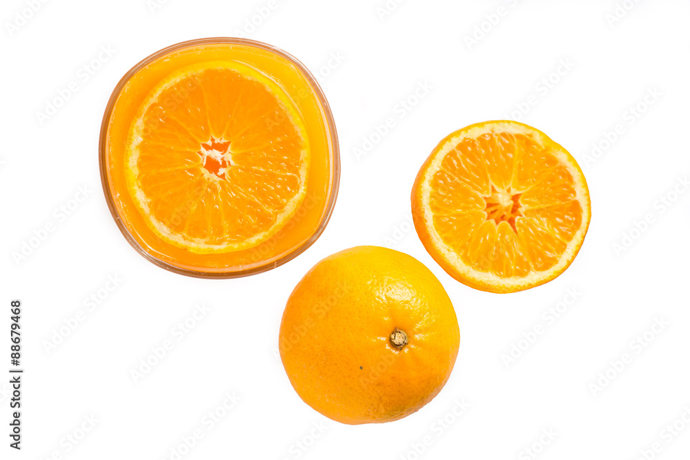 Orange juice and slices of orange isolated on white, Top view. Orange juice and slices of orange isolated on white, Top view.