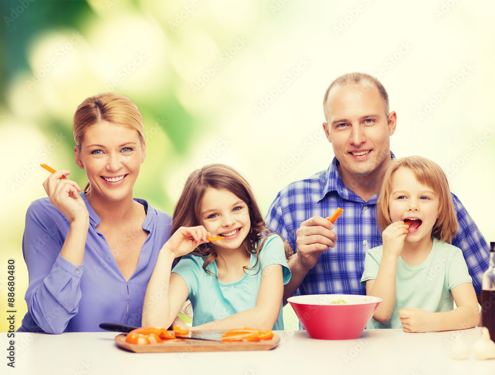 happy family with two kids eating at home happy family with two kids eating at home