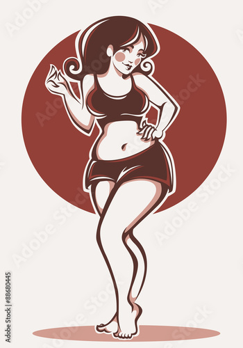plus size beauty and sportive girl on beige background..