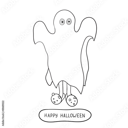 Cartoon ghost in badspread isolated on white background.