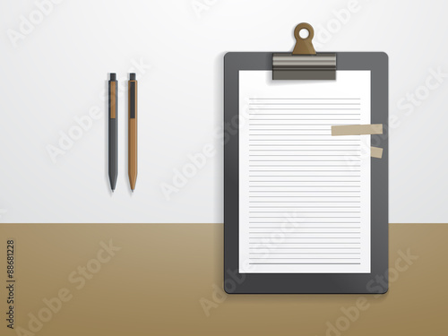 Blank paper on clipboard  and pen in retro style