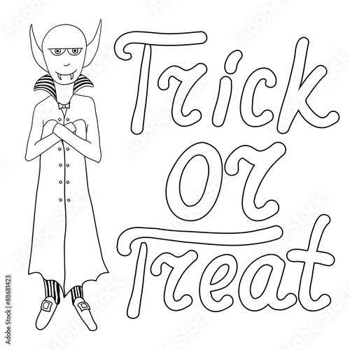 Cartoon vampire and words trick or treat isolated on white backg