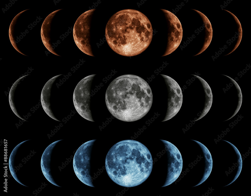 Naklejka premium Seven phases of the moon isolated on black background.