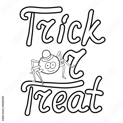 Cartoon spider and words trick or treat isolated on white backgr